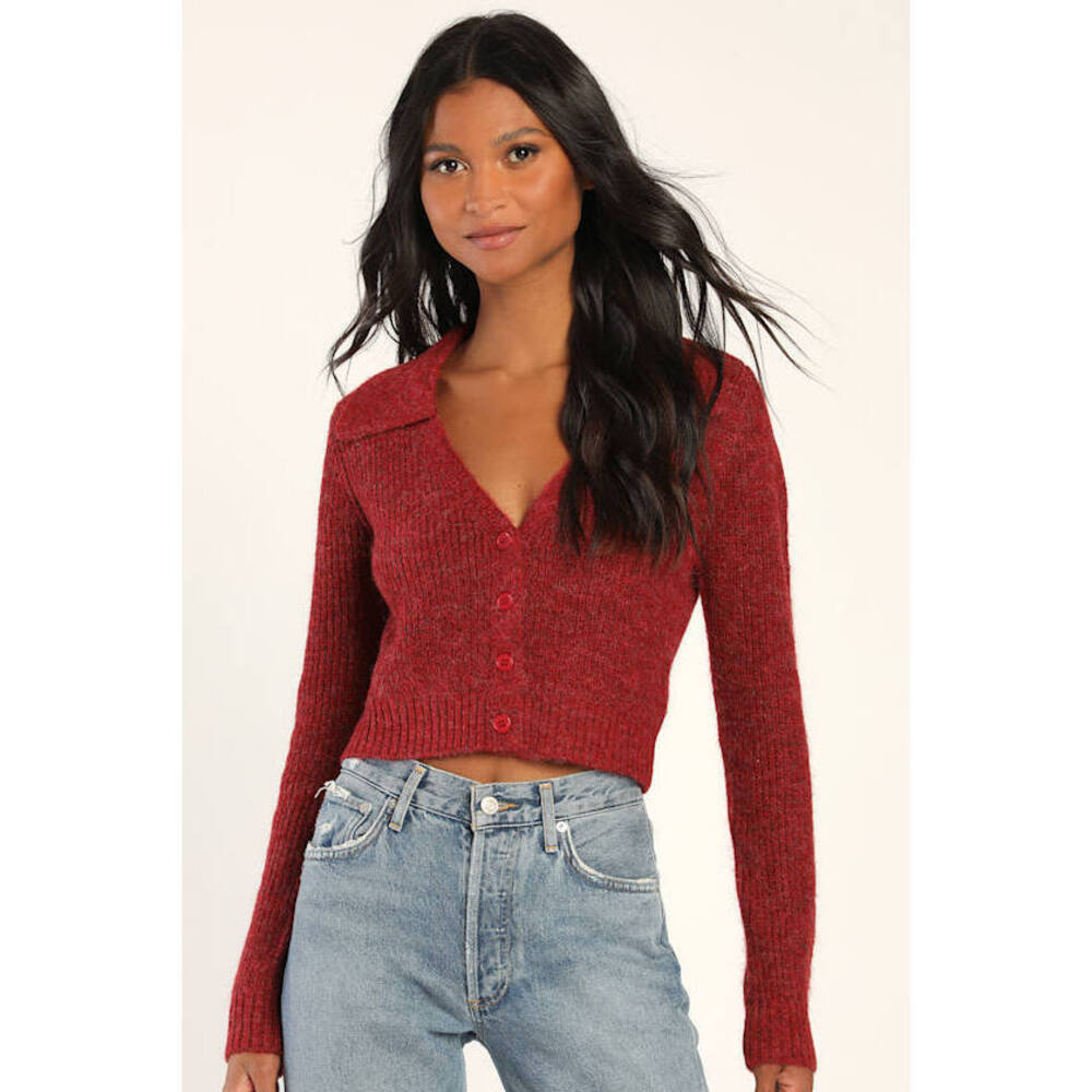 Lulus Warmer Ways Red Long Sleeve Button-up Collared Sweater Top - Size S